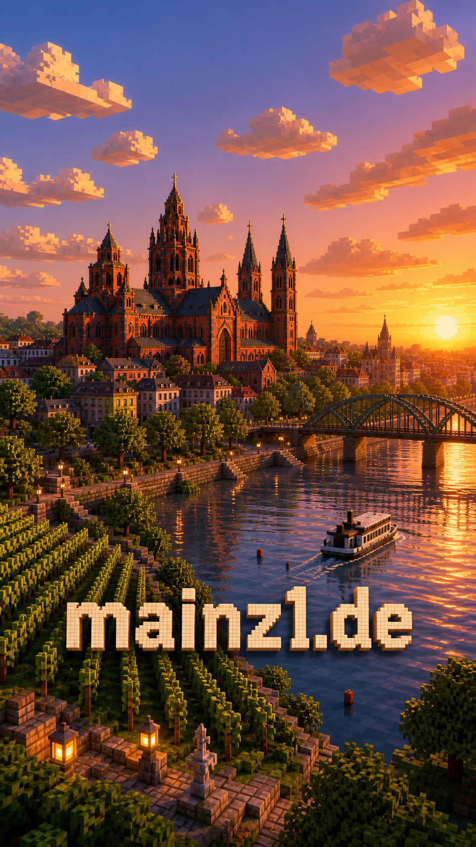 Mainz am Rhein als leuchtende Blockwelt mit dem Schriftzug mainz1.de
